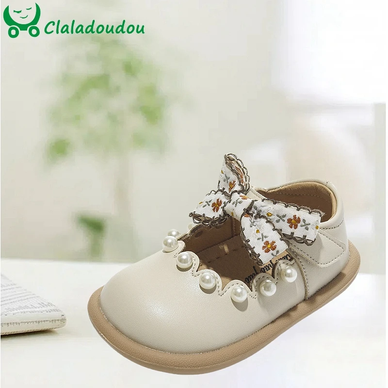 Claladoudou New Toddler Girls Dress Shoes Little Kids Mary Janes Ballet Flats Toddler Microfiber Leather Shoe With Bowtie Pearls