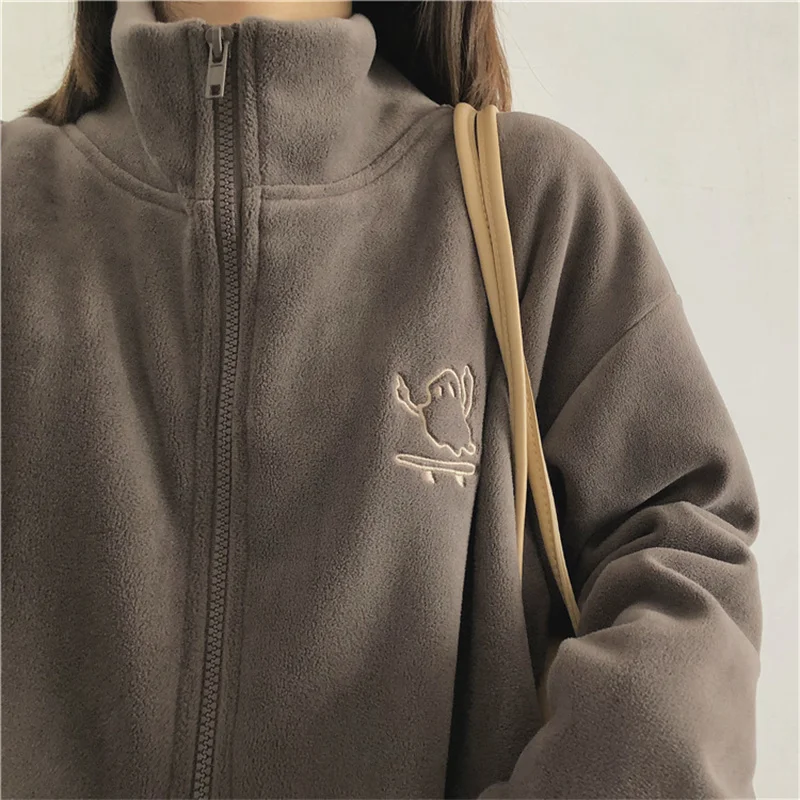 Y2K Clothes Women Embroidery Fleece Jacket Korean Fashion Stand Collar Zipper Plush Sweatshirt Thick Warm Sweater Outwear Hoodie