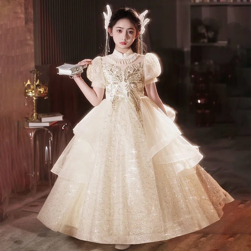 

Girls' New Puffy Tulle Host Performance Pearl Puff Sleeve Bow Piano Dress Princess Gown