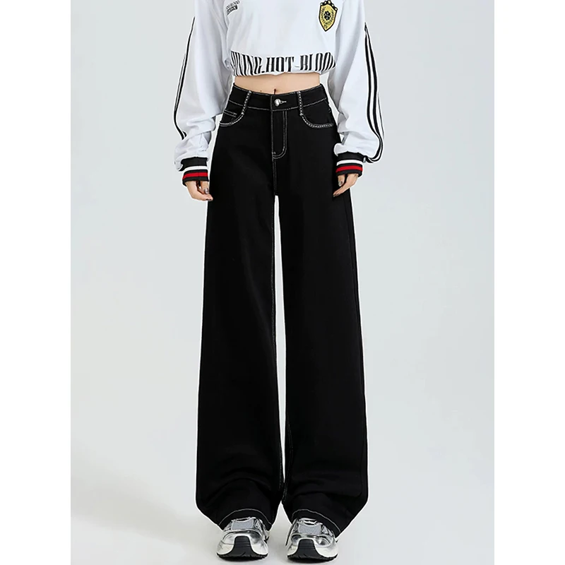

YIBASHU Korean Vintage Y2K 2000s Black Washed Jeans Women 2026 Spring Loose High Waisted Straight Leg Pants Female Clothing