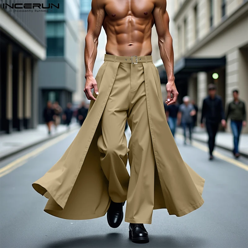 INCERUN 男性不規則なパンツ無地ボタンジョガーカジュアルワイド脚ズボン男性 2025 ファッション長ズボンストリート S-5XL