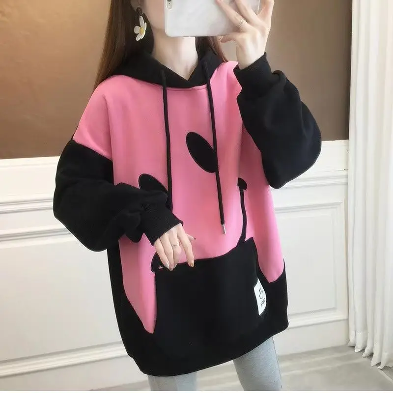 

Women's Plush And Thick Loose Fitting Hooded Contrasting Color Sweater Mid Length Autumn Winter 2023 New Tops For Trendy Clothes