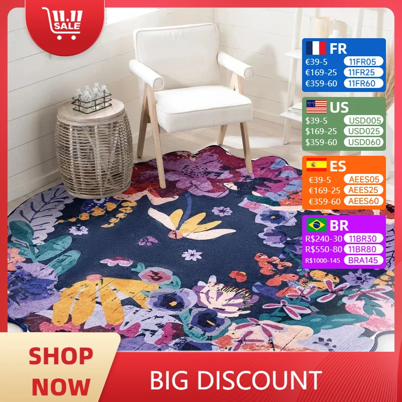 

Round Floral Carpet Irregular Retro Creative Bedroom Bedside Mats Foldable Machine Washable Colorful Sofa Plush Soft Rugs Ковер