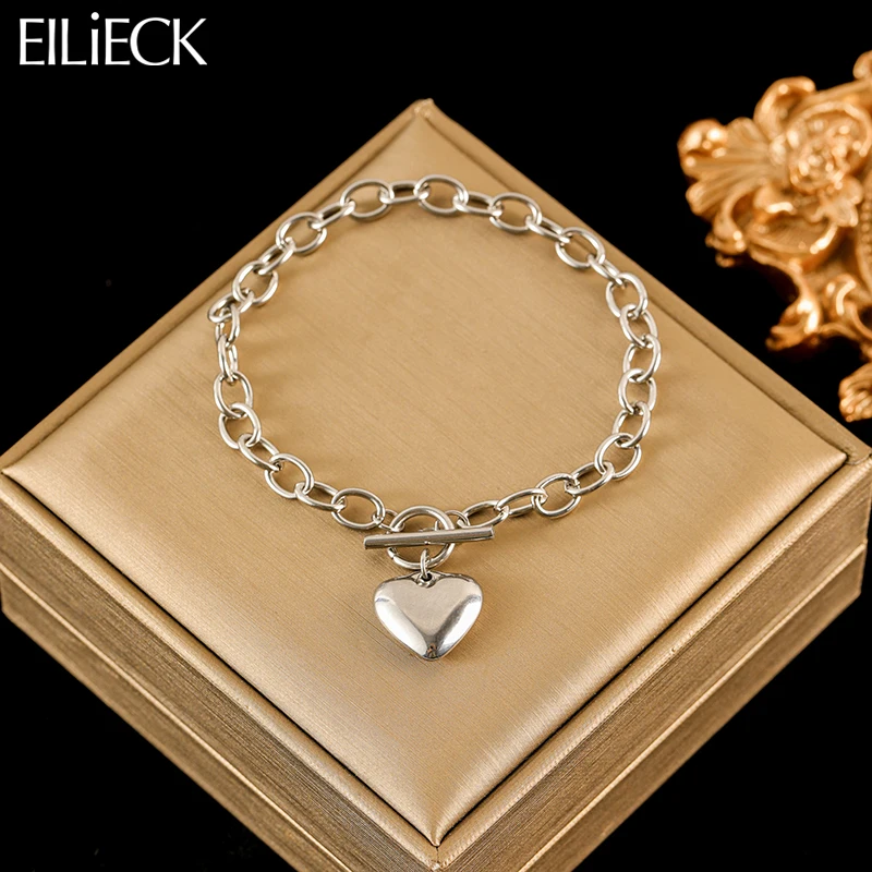 EILIECK ใหม่แฟชั่นสแตนเลสสตีลโลหะ Heart Charm สร้อยข้อมือผู้หญิงอินเทรนด์เงินสีสายรัดข้อมือเครื่องประดับกําไลข้อมือของขวัญ