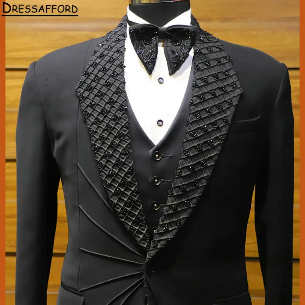 Black Formal Wedding Suits Pleat Crystal Beading Men's Business Suit 2 Pieces (Jacket+Pants) Man Tuxedo Groom Wear