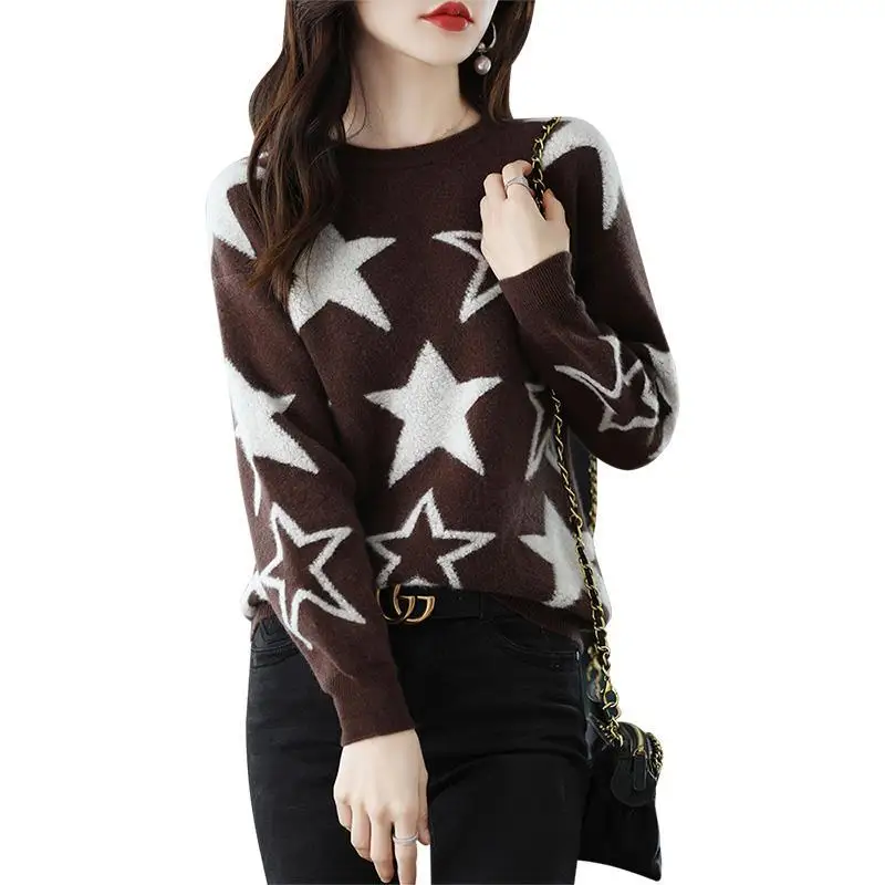 Autumn and Winter New Five Point Star O-Neck Pullover Bottom Sweater Women's Loose and Lazy Style Thickened Long Sleeve Knit Top