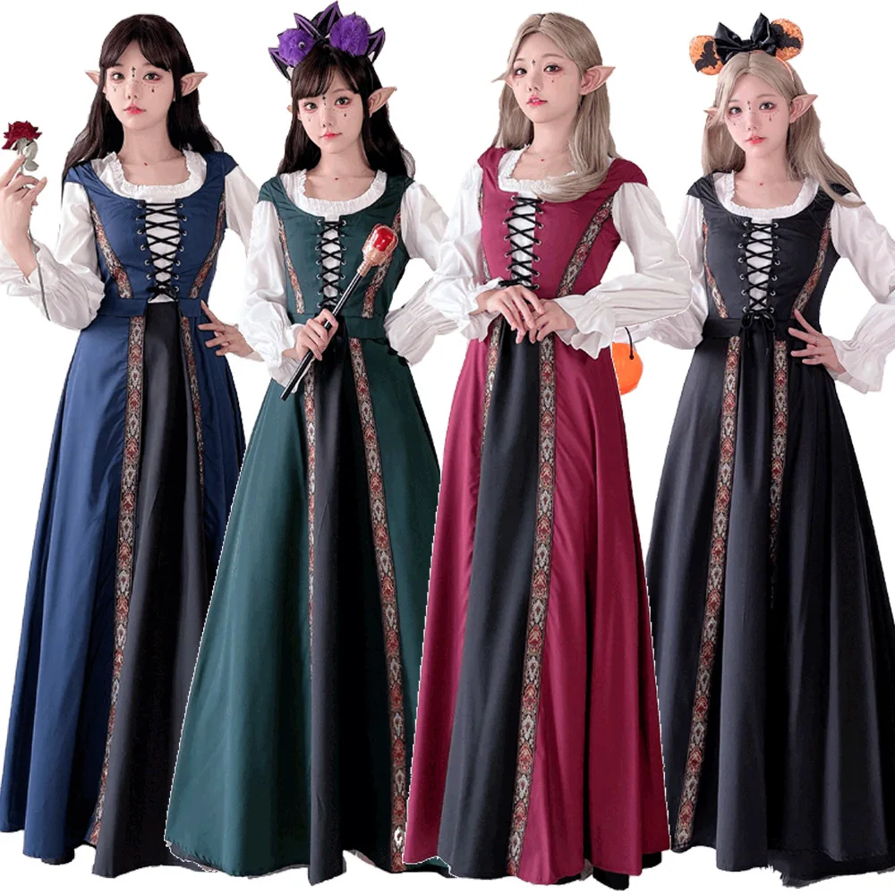 

Halloween Costume Vintage Court Style Witch Dress Long French Performance Medieval Literary European Rustic Grid Playing Skirt
