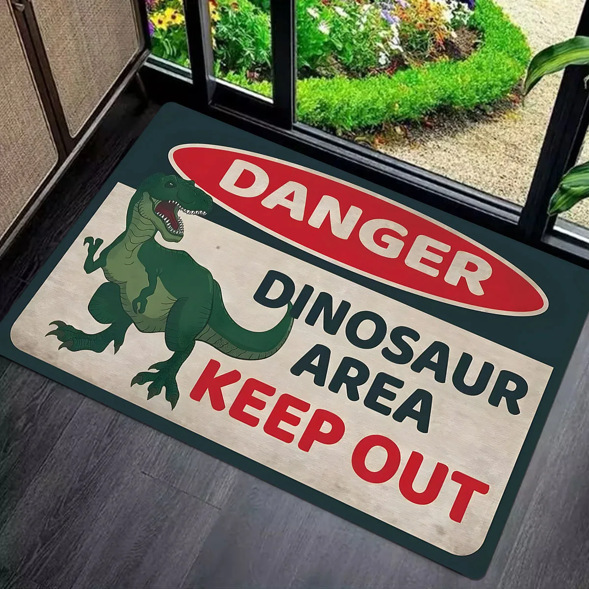 1pcs Dinosaur Danger Sign Doormat Non Slip Washable Fun Entry Rug for Kids Room Garage Porch  40x60cm