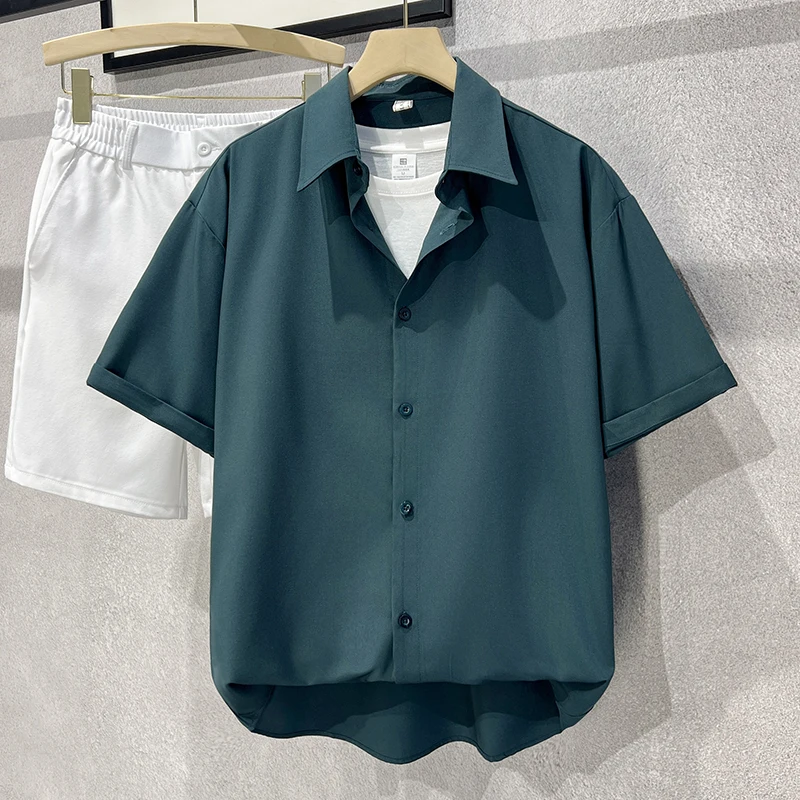 

Korean Fashion Ice Silk Men's Shirts Casual irt ort Sve Summer Trendy Brand Faionable Loose Fit Youthful Sle Bla Outerwear Tops