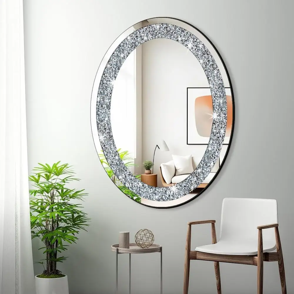 화려한 타원형 은색 거울, 24x32 인치, 프레임 없는 벽 장식, 반짝이는 유리, 세련된 홈 액센트