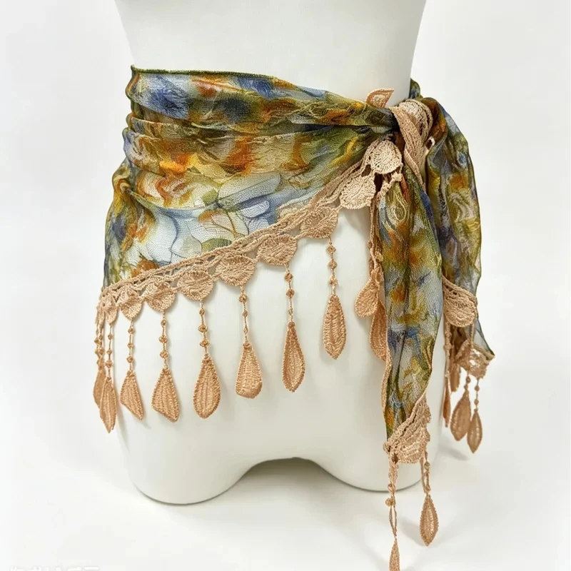Cinturón de encaje floral vintage con borlas huecas y flecos de ganchillo bohemio para mujer, ideal como fajín para vestido de fiesta o pareo de playa