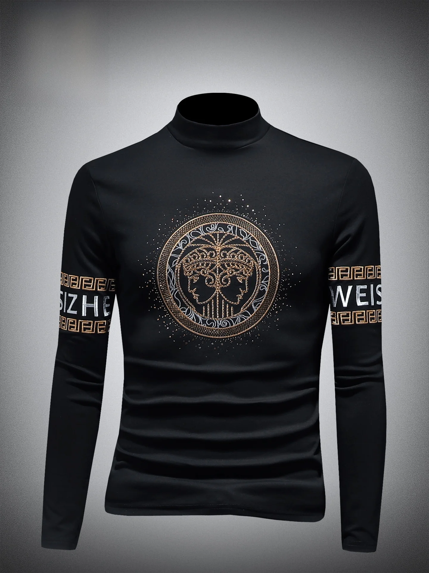 

Fashionable Embroidered Long Sleeve Men's T-Shirt Half High Collar Base Shirt Elastic Slim Fit Warm Mid-Neck Autumn Wear