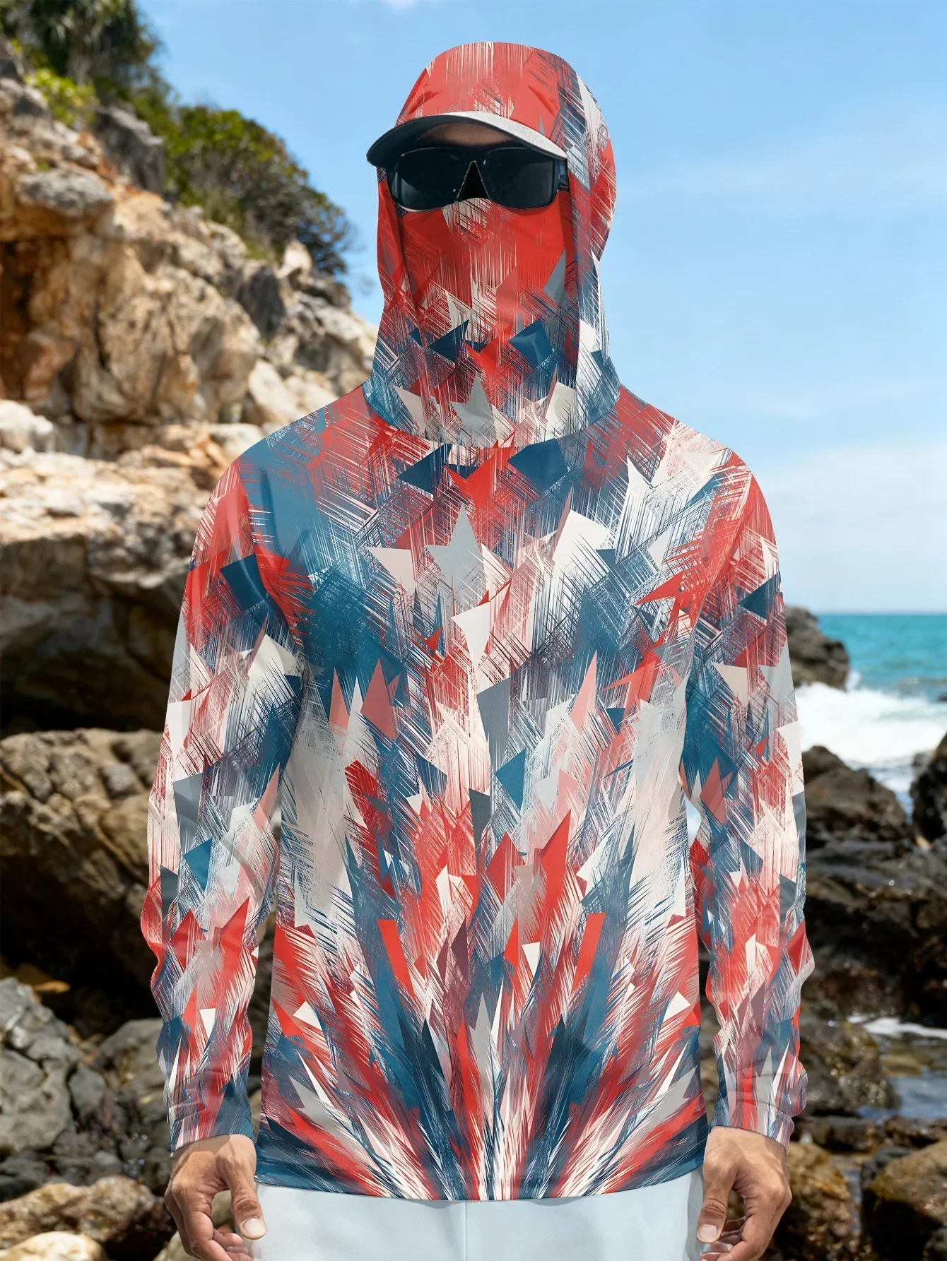 MensHoodedFace Mask Geometric Camo Fishing Shirts Quick Dry Breathable Lightweight Long Sleeve Angling UV Protection Casual Pick