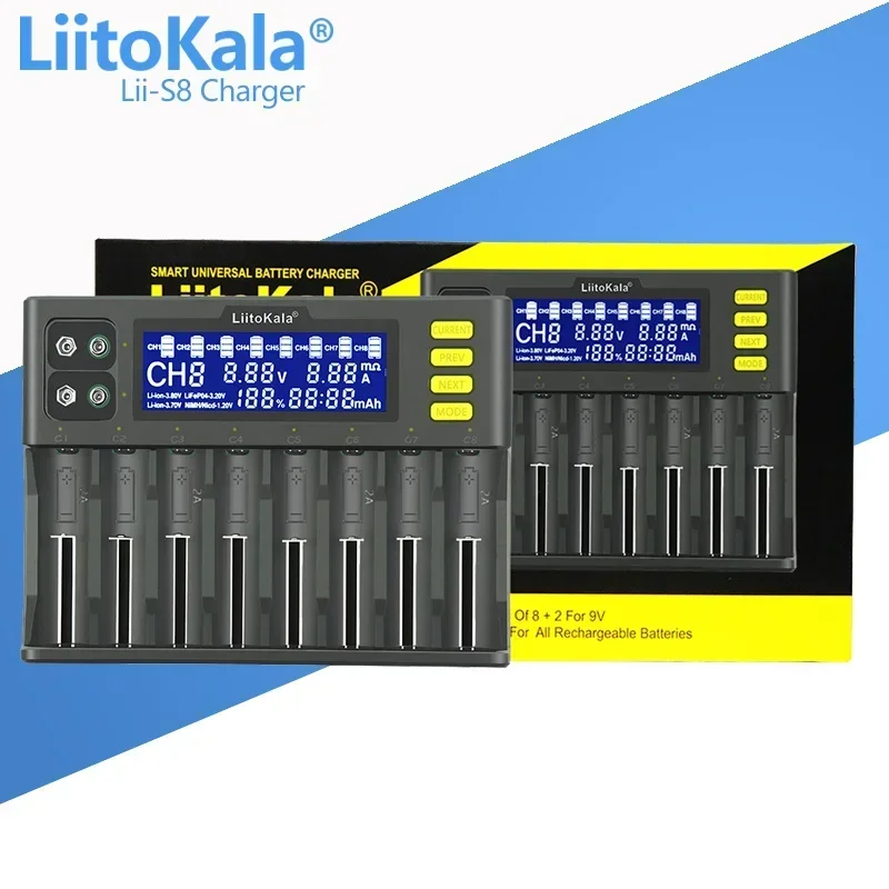 LiitoKala Lii-S8 Lii-S12 LCD Battery Charger for Li-ion LiFePO4 Ni-MH Ni-Cd 9V 21700 20700 26650 18350 18650 RCR123 18700