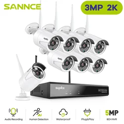 SANNCE 8CH FHD 3MP Wireless Video Security System 5MP NVR With 3MP Outdoor Surveillance IP Cameras Audio Recording AI Detection