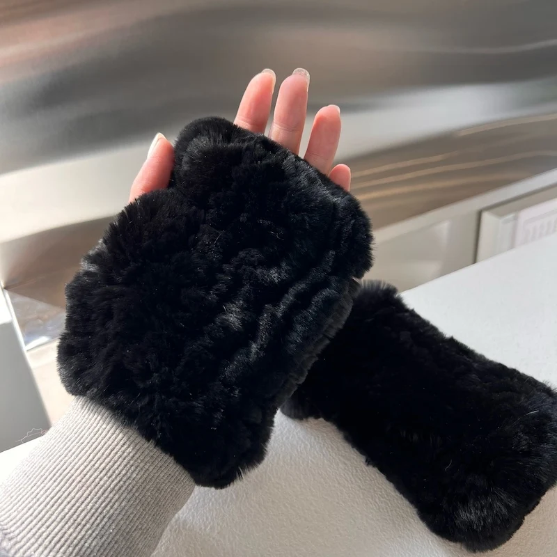 Real Rex Rabbit Fur Half Fingered Gloves For Women In Winter Thickened Warm Plush Elastic Gloves Female Knitted Real Fur Gloves