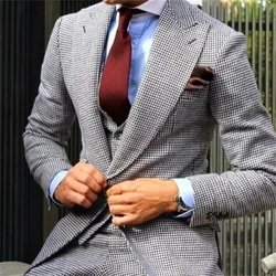 2024 Men Suits 3 Pieces Slim Fit Business Jacket Groom Houndstooth Wool Tuxedos for Formal Wedding Party (Blazer+Pants+Vest)