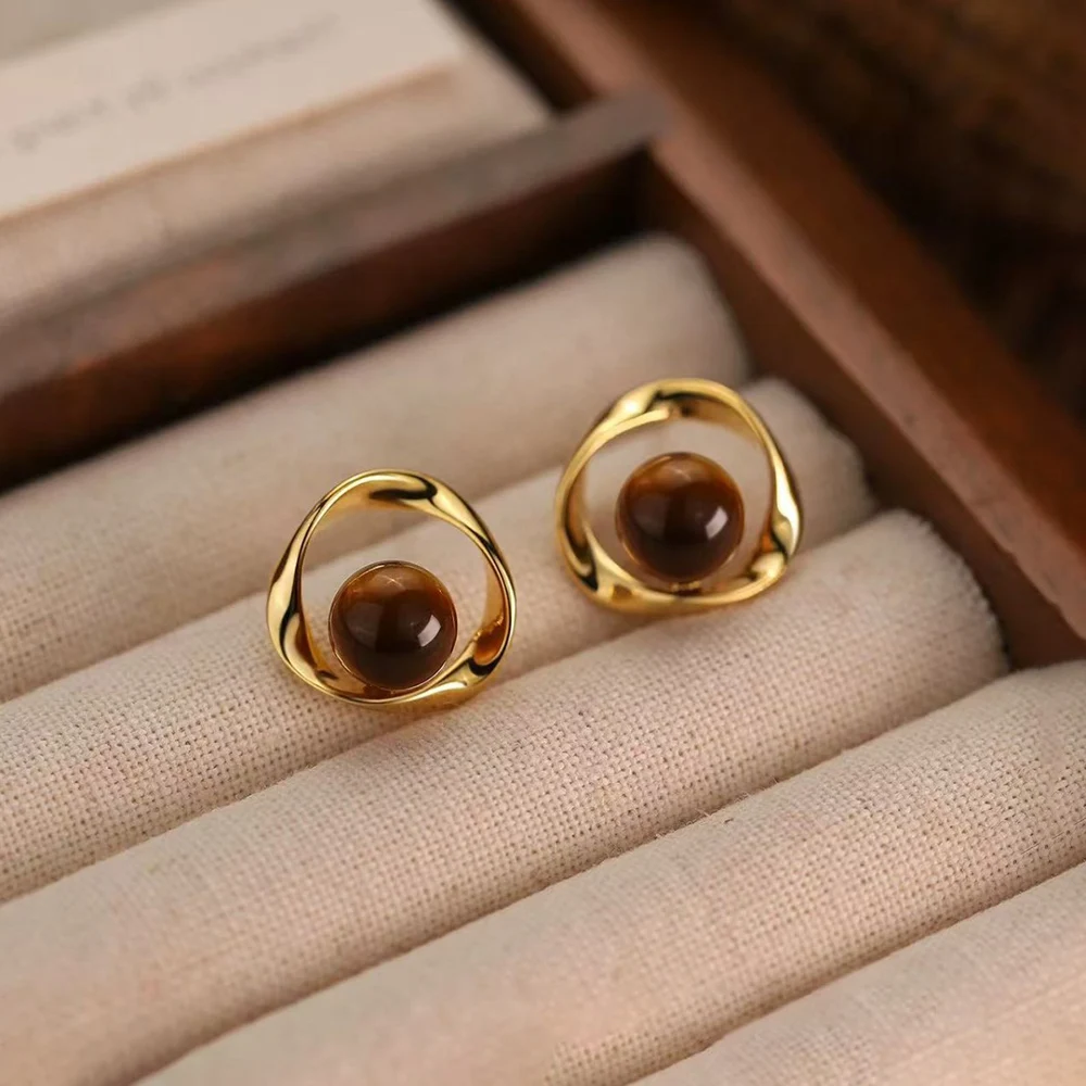 Real 925 Silver Möbius Strip Tiger's Eye Stud Earrings For Women Party Classic Fine Jewelry Light Luxury Minimalist Accessories