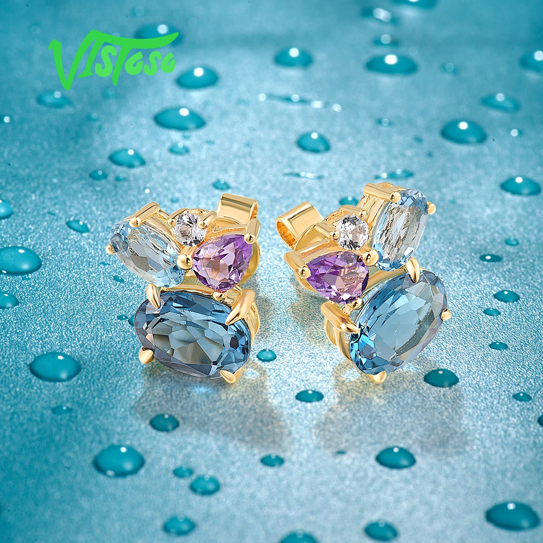 VISTOSO Pure 14K 585 Yellow Gold Stud Earrings For Women Sparkling Multi-Color Gemstone Cute Wedding Party Gifts Fine Jewelry