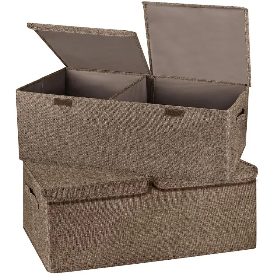 

2 Pack Storage Boxes with Lids and Handles Collapsible Linen Storage Bins Organizer Containers Baskets Cube with Removable Divi