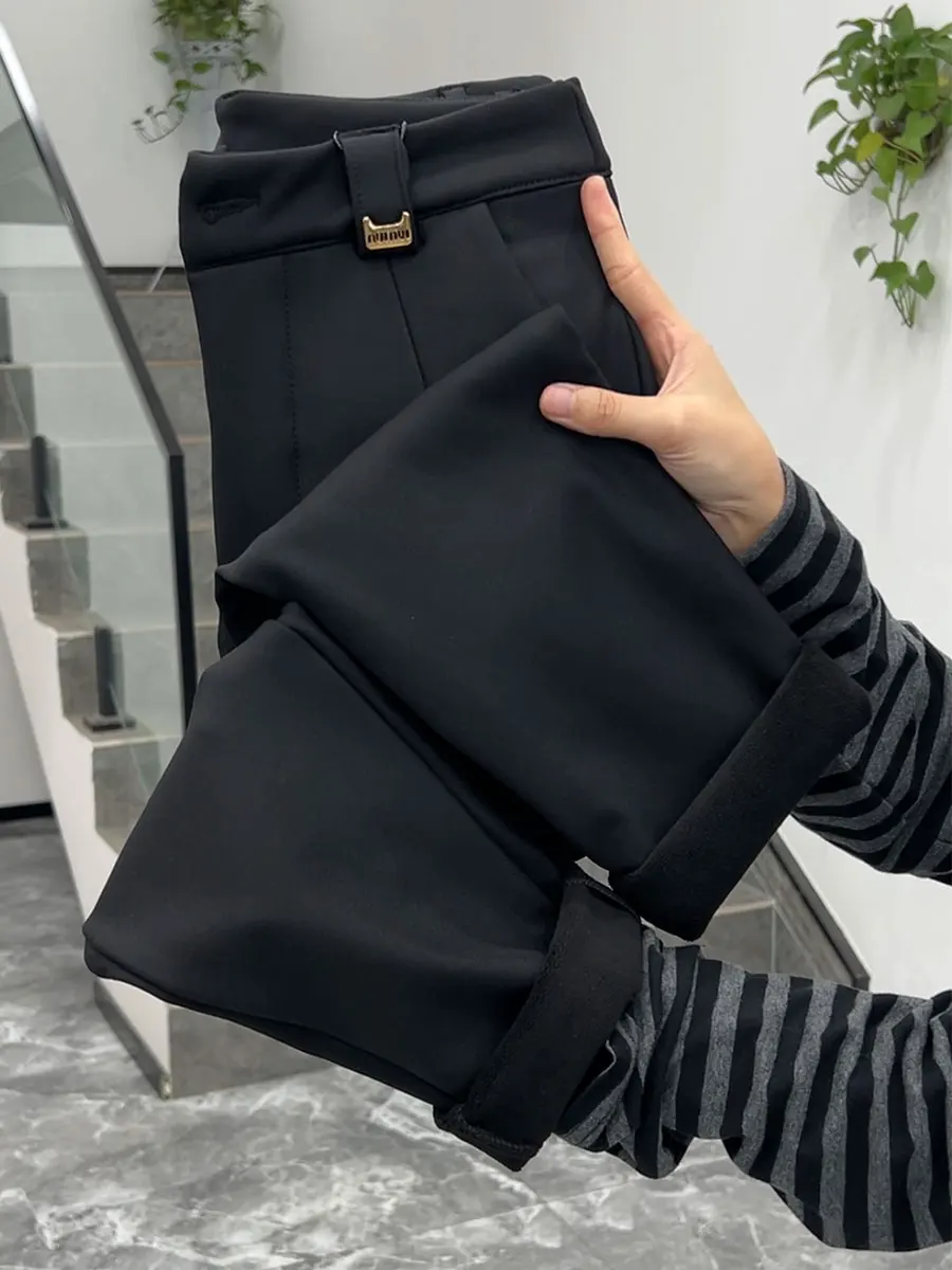 

Bla Fce Lined Casual Pants Slimming Nine Point Small Foot Women's plus Size Pants High Waist Zipper Cotton Blend Comfort...