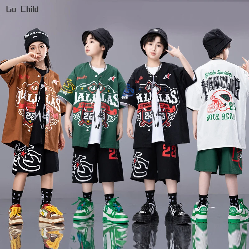 

Hip Hop Boys Fashion Baseball Jacket Cargo Shorts Girls Cool Streetwear Children Jazz Clothes Set Kids Teen Street Dance Costume