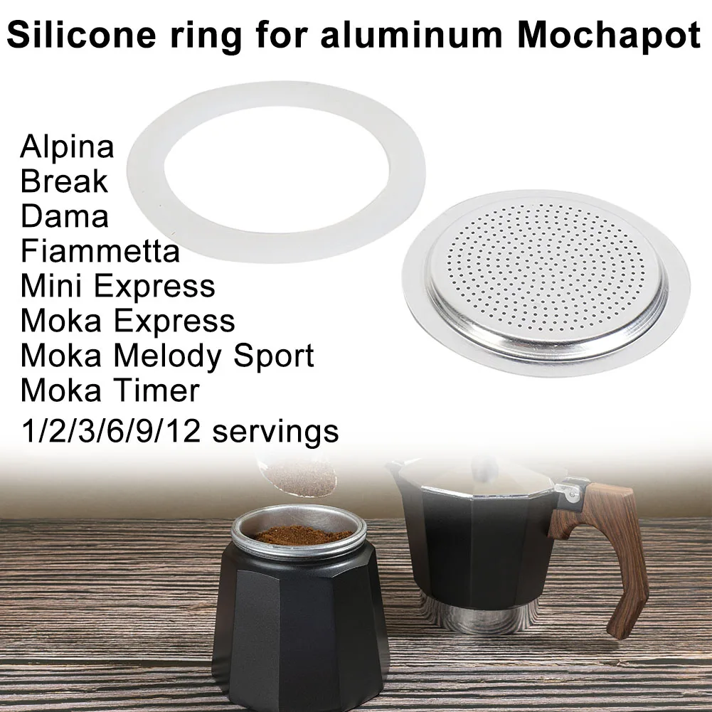 Moka  Coffee Pot Silicone Gaskets And Aluminum Filter Moka Coffee Bottle Sealing Ring For 1/2/3/6/9/12 Cup Moka Pot Accessories