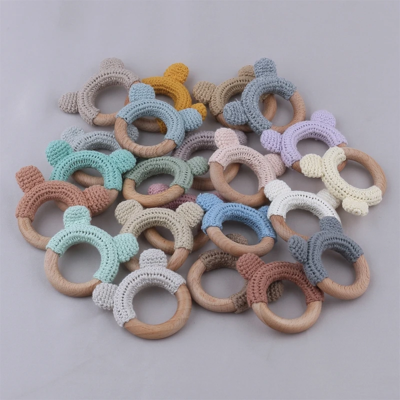 57EE Baby Teether Wooden Ring Crochet Knit Wool Rattle Nursing Chewing Teething Toy