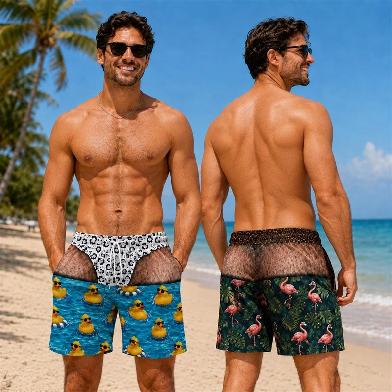 Mens Funny Fake Abdominal Print Beach Shorts Leopard 3d Print Tropical Plant Animal Graphic Shorts Quick Dry Novelty Swim Trunks