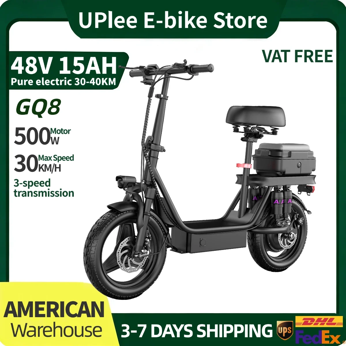 

UPlee GQ8 48V15AH 750W peak motor electric scooter 30KM/H 30-40mile range 14 Inch Foldable electric motorcycle with trunk e bike