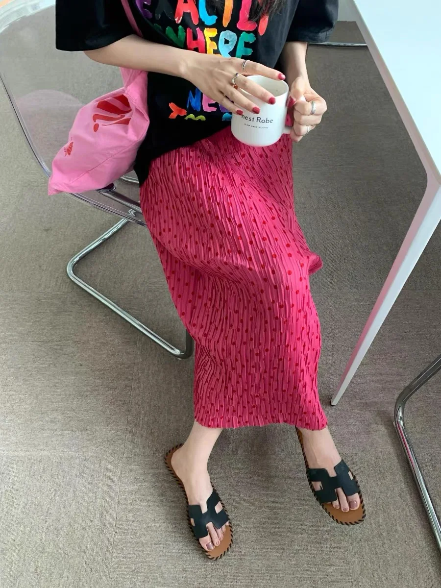 High Waist Pleated Polka Dot Half Skirt Elastic Straight Cut Summer Mid-Length Open Split Skirts for Young Women 18-24