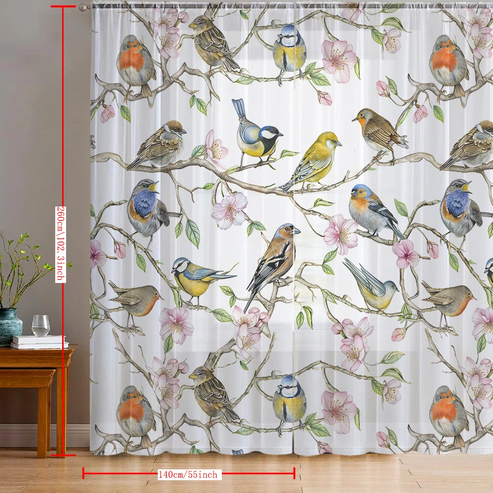 2PCS Home decoration window screens, bird prints, curtains with pole covers, kitchen, coffee shop, living room, living room