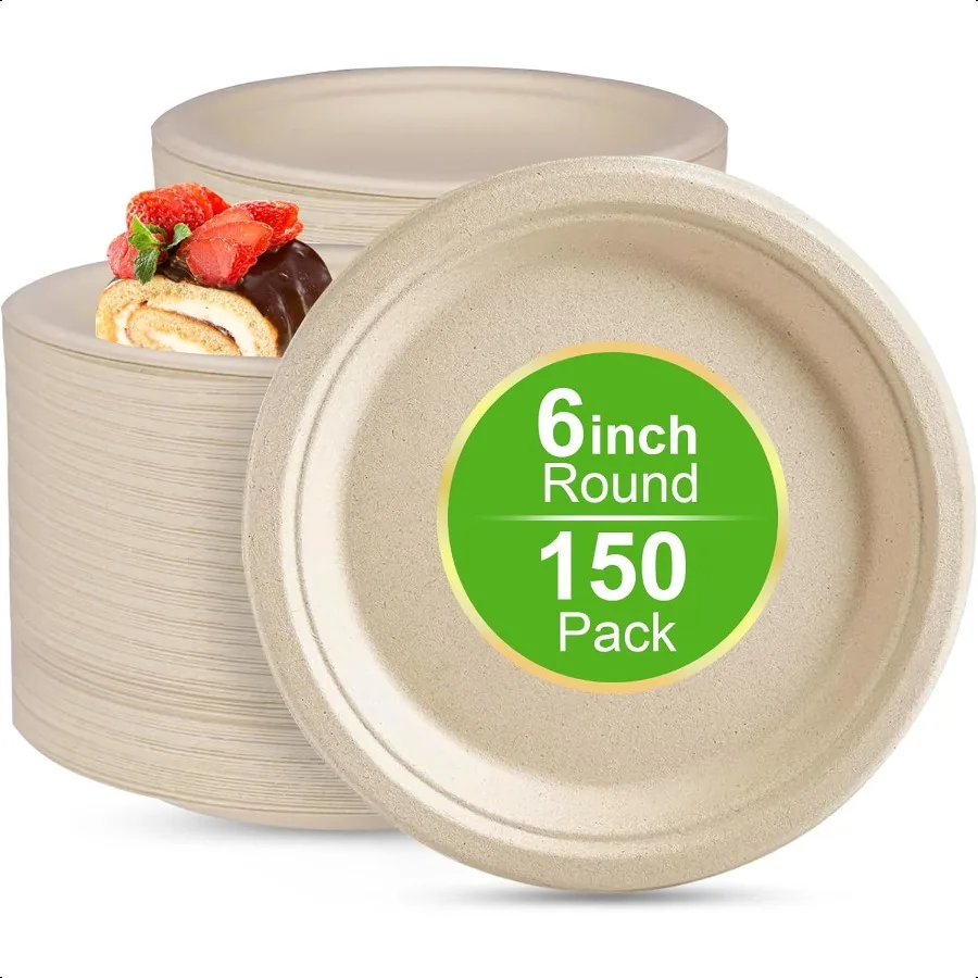 

6 Inch Compostable Paper Plates 150 Counts HeavyDuty EcoFriendly Sugarcane Plates