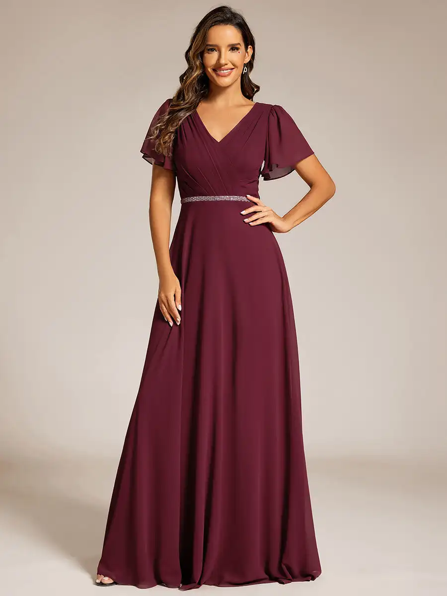 

Elegant Evening Dresses Short Sleeves and Sequin Waist Pleated 2024 Ever Pretty of A-Line Chiffon Burgundy Bridesmaid Dress