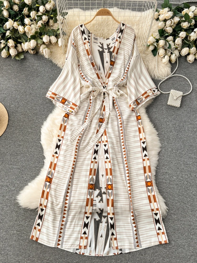 Women Beach Thin Coat Spring Summer Retro Print Slim Long Shawl Cardigan Jacket Female Long Sleeve Loose Boho Style Outwear