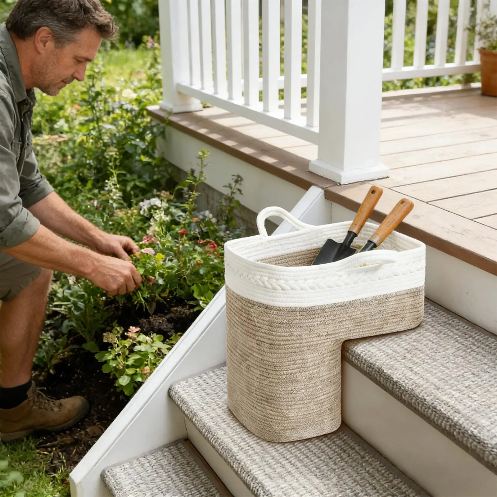 

Stair Basket Cotton Rope Staircase Organizer Laundry Basket for Stairs for Stairway Laundry Clothes Toys Books Home Living Space