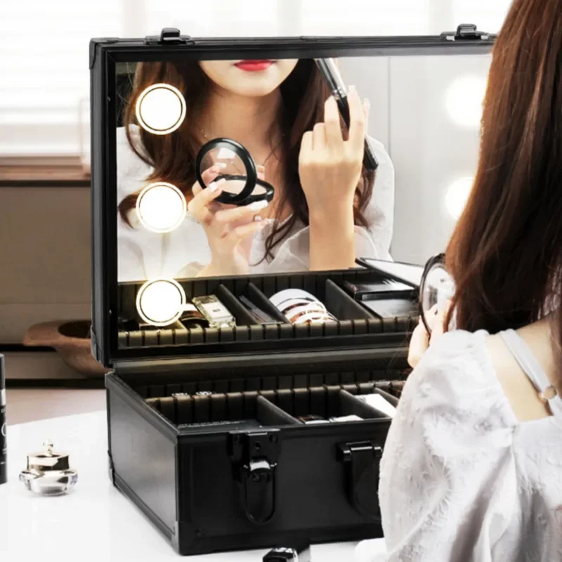 Professional Portable With Light Makeup Box LED Adjustable With Mirror Case For Cosmetics Multi-layer Makeup Large Storage Box