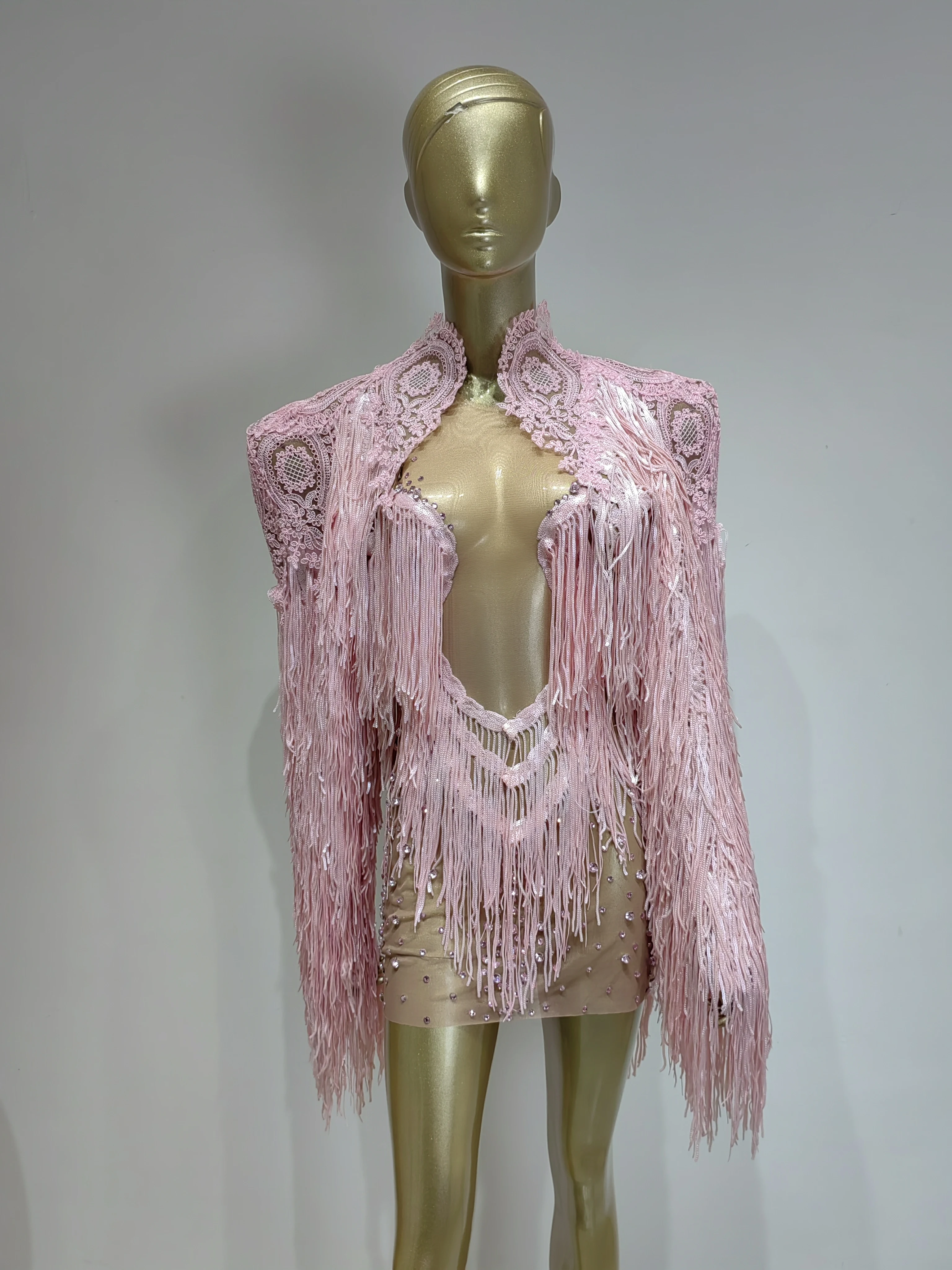 

Women Luxury Two Piece Dress Sparky Mesh Diamonds Bodycon Mini Dress With Long Sleeve Sequines Tassel Shawl Sets Evening Party