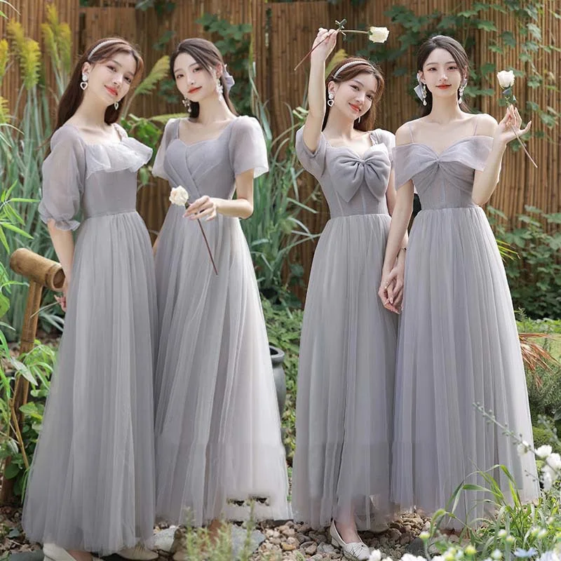 4 Styles Gray Bridesmaid Dresses Simple Tulle Off-shoulder Sisters Party Prom Gown Cute Bow Lace Up Wedding Floor-Length Gowns