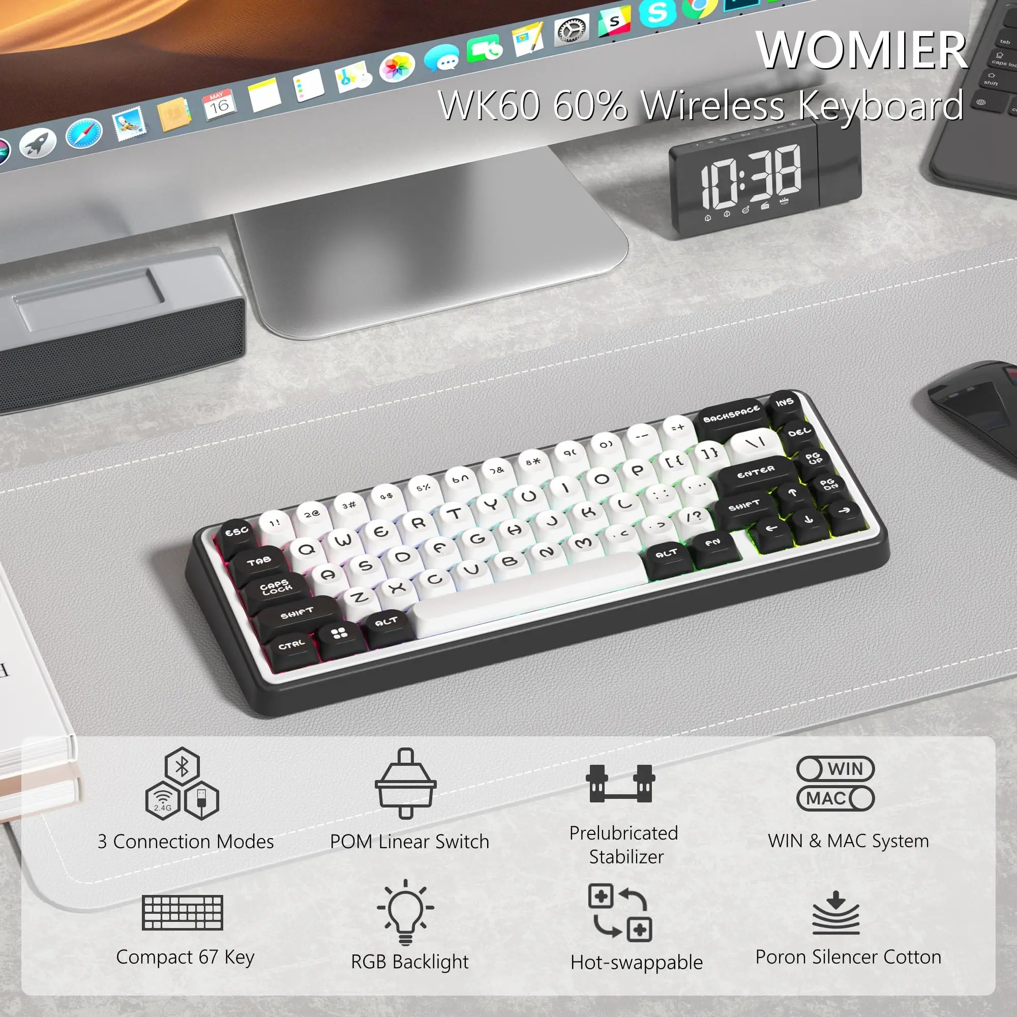 Womier Black White MOA 65% Tri-mode GamIng Mechanical Keyboard Hot-swap Bluetooth/2.4GHz/ Wireless RGB Gamer Mechanical Keyboard