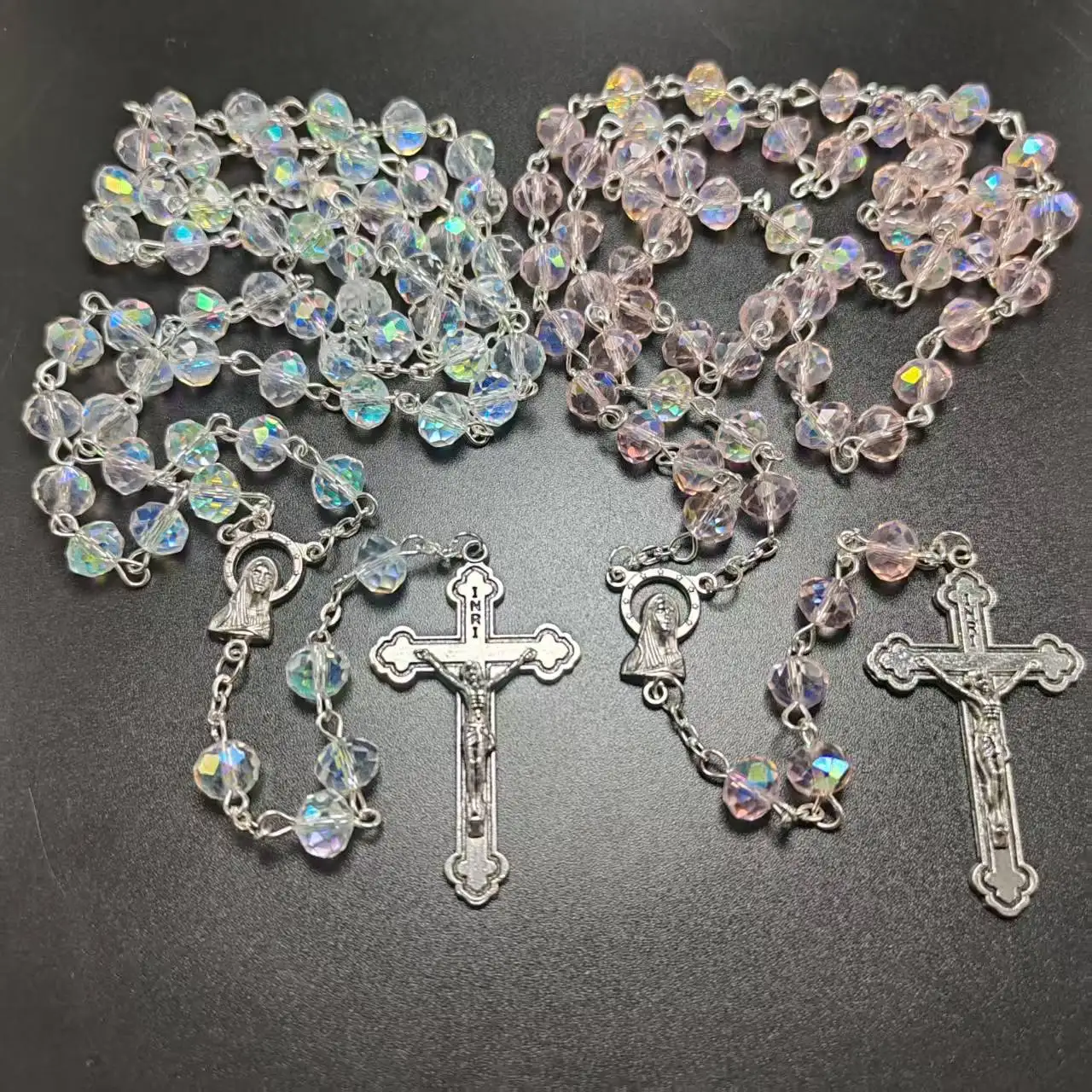 6*8mm AB plating facet crystal rosary necklace religious use Jesus cross rosary with virgin Mary center
