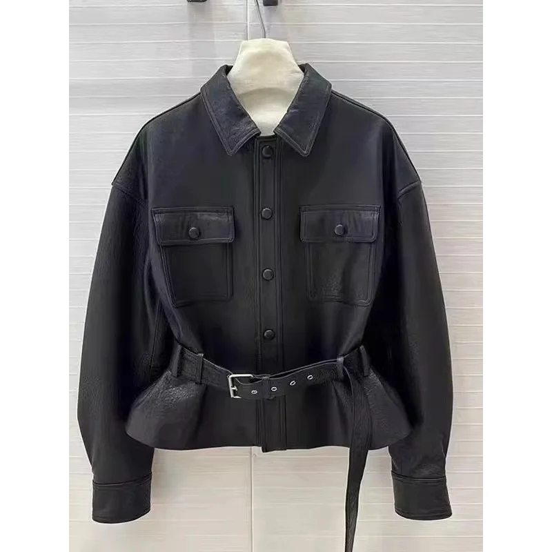 Giacca corta da donna in vera pelle di capra Primavera Autunno Colletto nero Capispalla elegante per donna