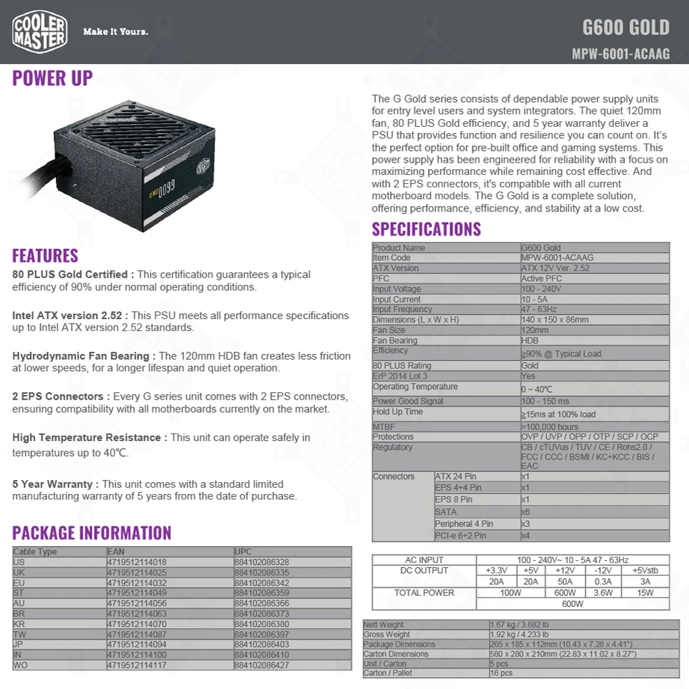 Coolermaster 500W/600W/700W Non Module ENTRY LEVEL 80 PLUS GOLD Gaming Case Power Supply Input Voltage 100-240V