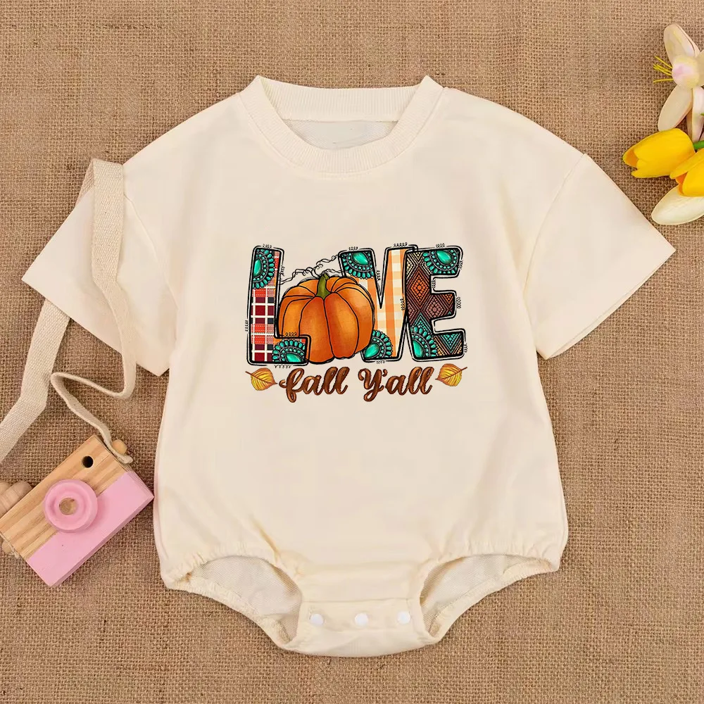 Love Fall Yall Baby Bubble Romper Infant Thanksgiving Outfit Cute Newborn Bodysuit Retro Fall Thanksgiving Baby Jumpsuit