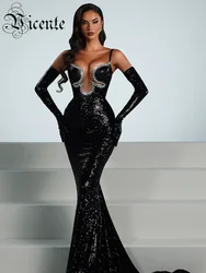 VC Luxury Women'S Elegant Dress Sexy Spaghetti Straps Rhinestones Sequins Tight Mermaid Maxi Black Evening Gown With Gloves