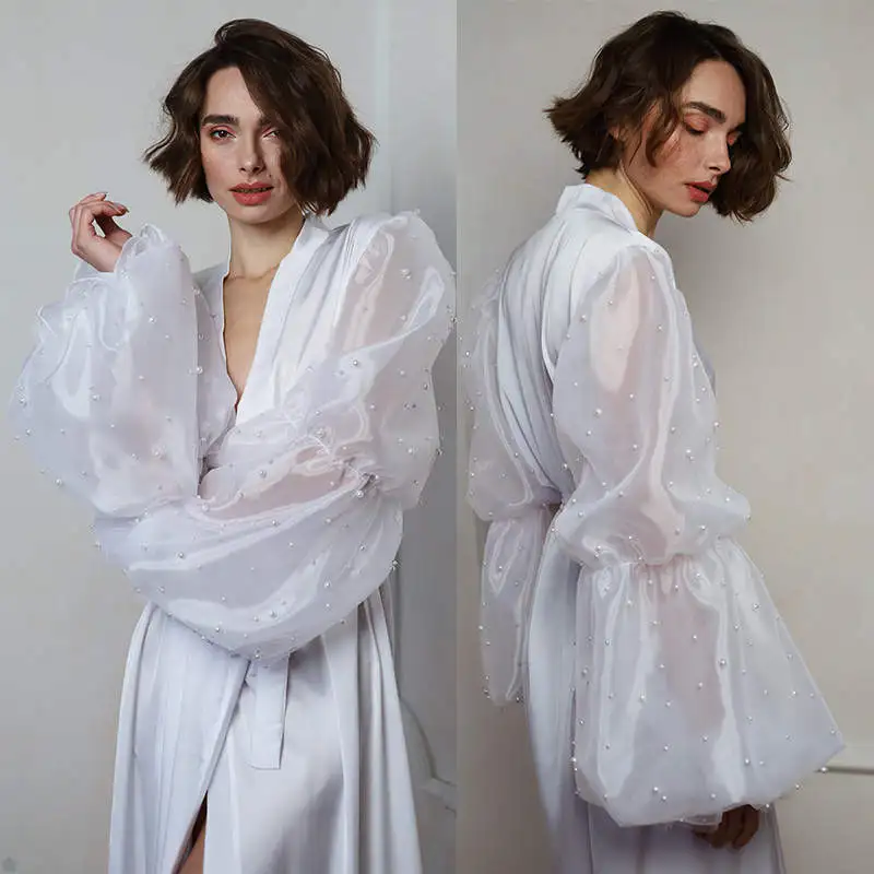 

Elegant Pearls Bridal Short Night Robe Long Sleeve Party Sleepwear Solid Color Nightgowns with Belt Pregnant Robes