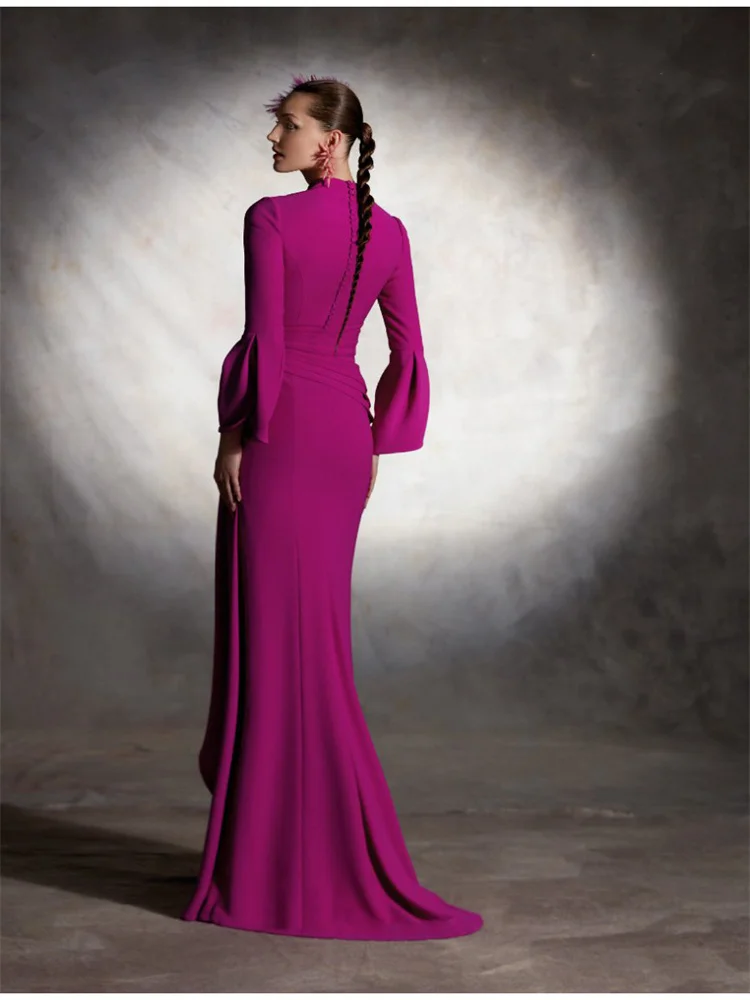 Straight Chiffon Prom Dress Elegant V Neckline Long Sleeves Back Button Floor Length Decoration Of Ruffle Slit With Draped Sash