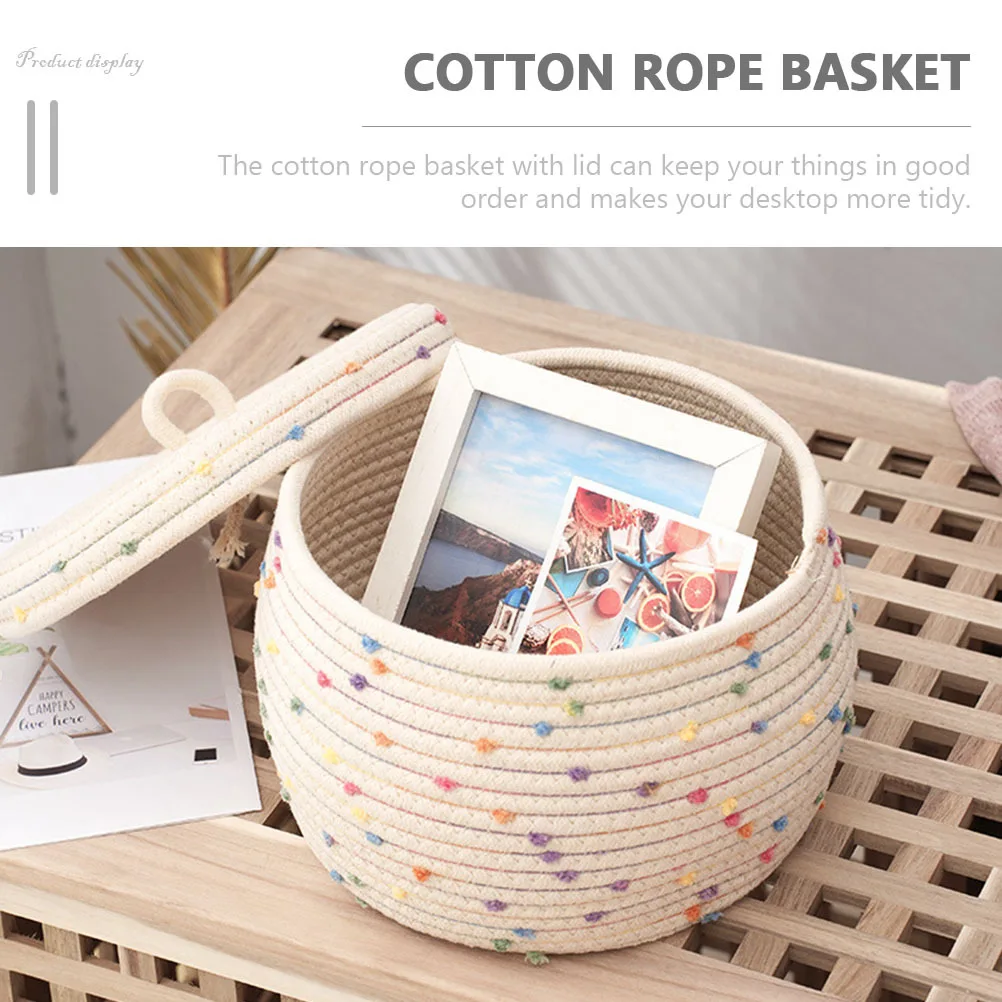 

Cotton Rope Woven Storage Basket with Lid Desktop Organizer for Sundries Cosmetics Snacks Home Decor Bedroom Dresser Organizer
