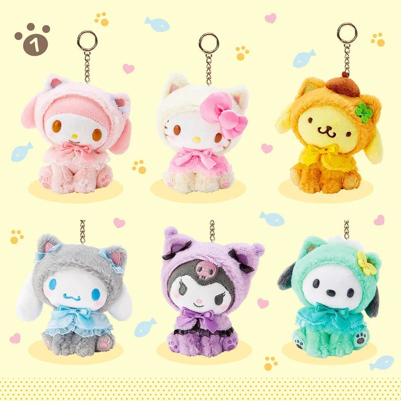 Sanrio Olá Kitty Chaveiro Minha Melodia Kuromi Plush Keyring Kawaii Cinnamoroll Crianças Brinquedos Chaveiros Bonito Pompom Purin Presentes