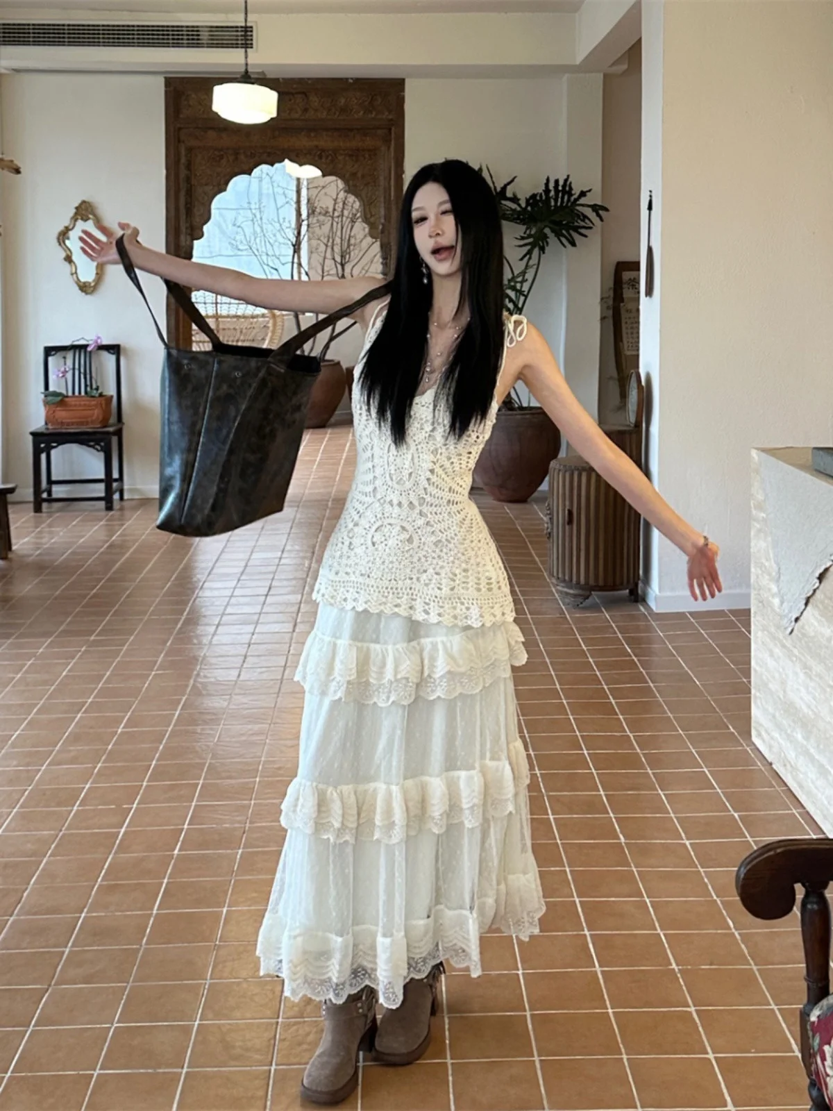 

Hand Knitted High Waist Lace Vest Cover up Hollow out Design Inner Wear Outer Wear Peach Blossom Auntie Lace Cake Skirt